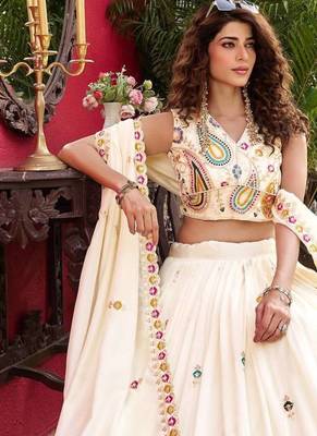 cream thread work embroidered silk lehenga choli 2