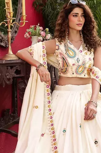 cream thread work embroidered silk lehenga choli