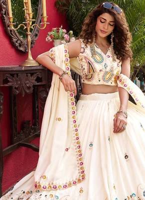 cream thread work embroidered silk lehenga choli 3