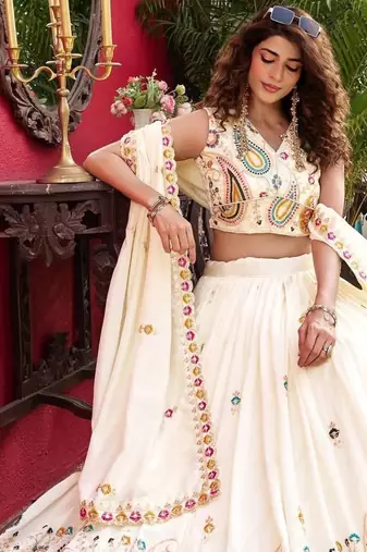 cream thread work embroidered silk lehenga choli