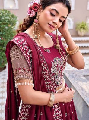 red sequin embroidered vichitra silk lehenga set 2