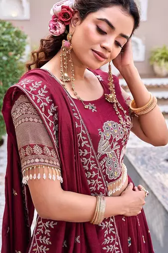 red sequin embroidered vichitra silk lehenga set