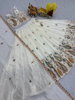 cream thread work embroidered silk lehenga choli 4