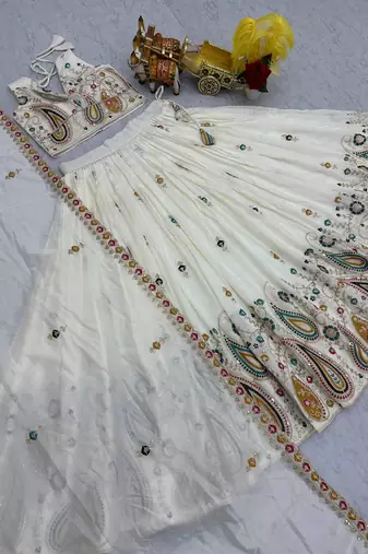 cream thread work embroidered silk lehenga choli