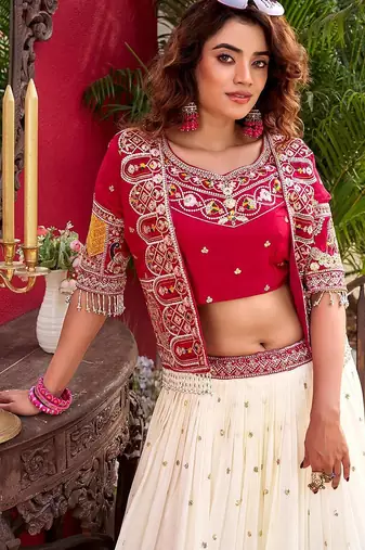 pink embroidered vichitra silk lehenga with jacket