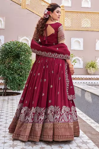 red sequin embroidered vichitra silk lehenga set