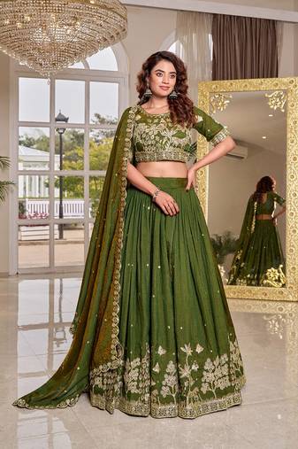 green thread work embroidered silk lehenga set