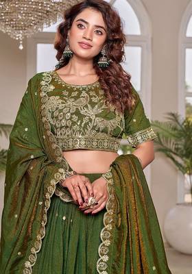 green thread work embroidered silk lehenga set 2