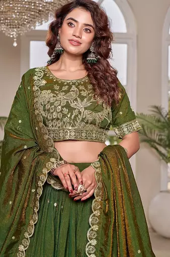 green thread work embroidered silk lehenga set