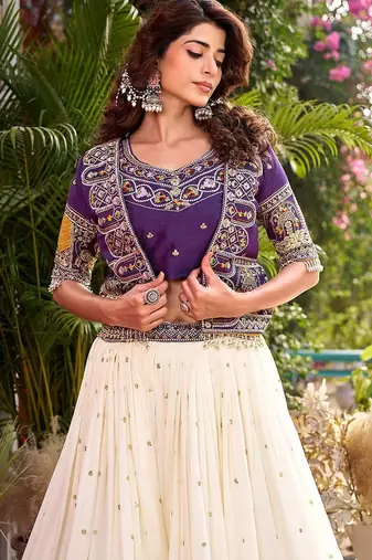 purple embroidered vichitra silk lehenga with jacket
