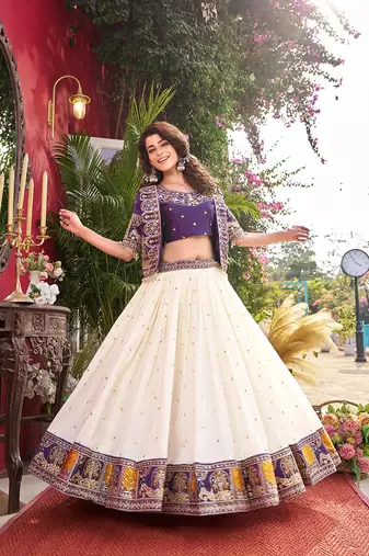 purple embroidered vichitra silk lehenga with jacket
