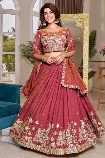 pink sequin embroidered silk lehenga set