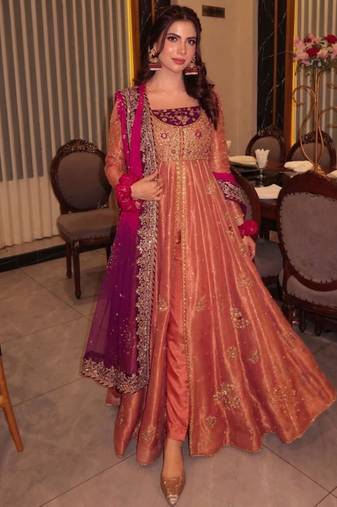 pink silk blend anarkali suit set with embroidery work