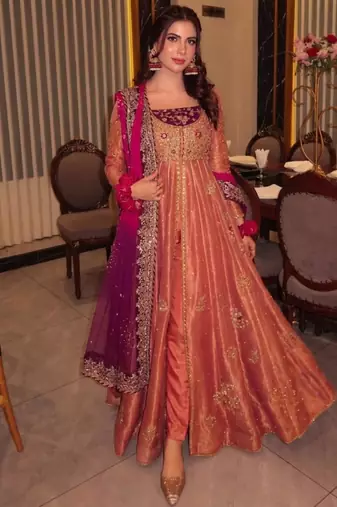 pink silk blend anarkali suit set with embroidery work