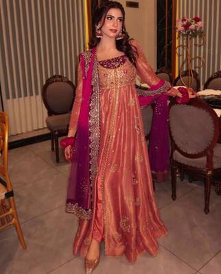 pink silk blend anarkali suit set with embroidery work 4