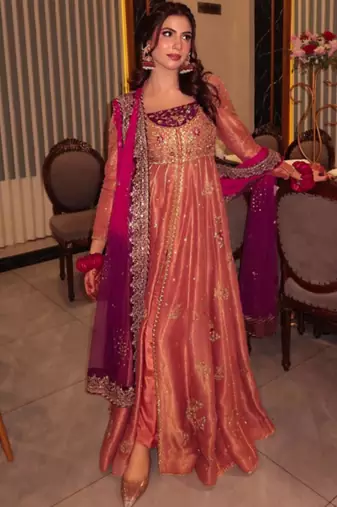 pink silk blend anarkali suit set with embroidery work