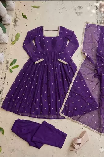 purple silk blend embroidered flared suit