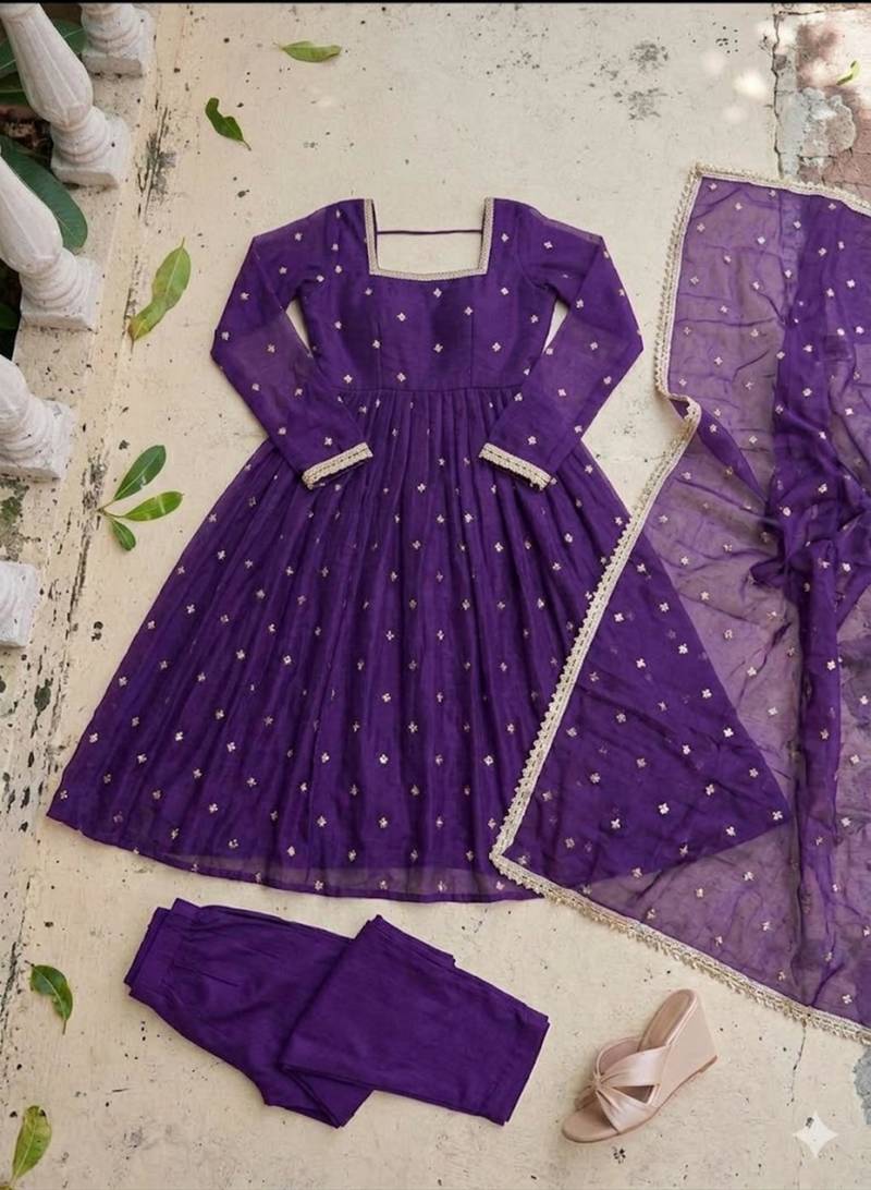 purple silk blend embroidered flared suit