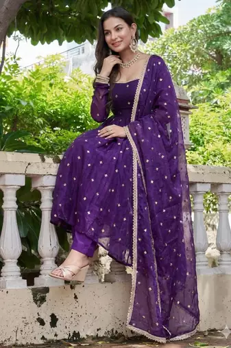 purple silk blend embroidered flared suit
