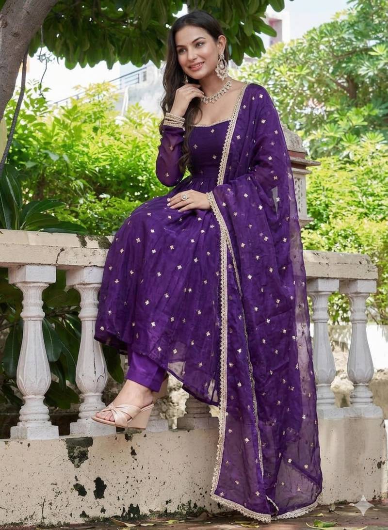purple silk blend embroidered flared suit