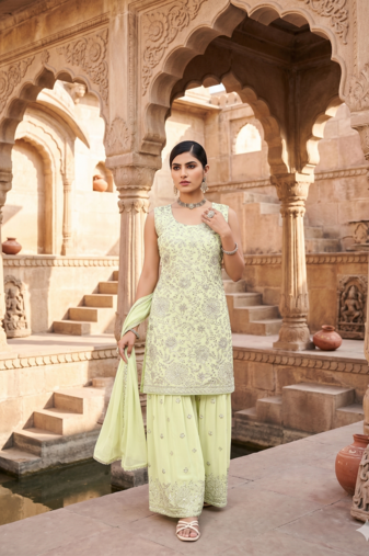Womens  new designer georgette embroidered sharara set with sequence work and lace border dupatta