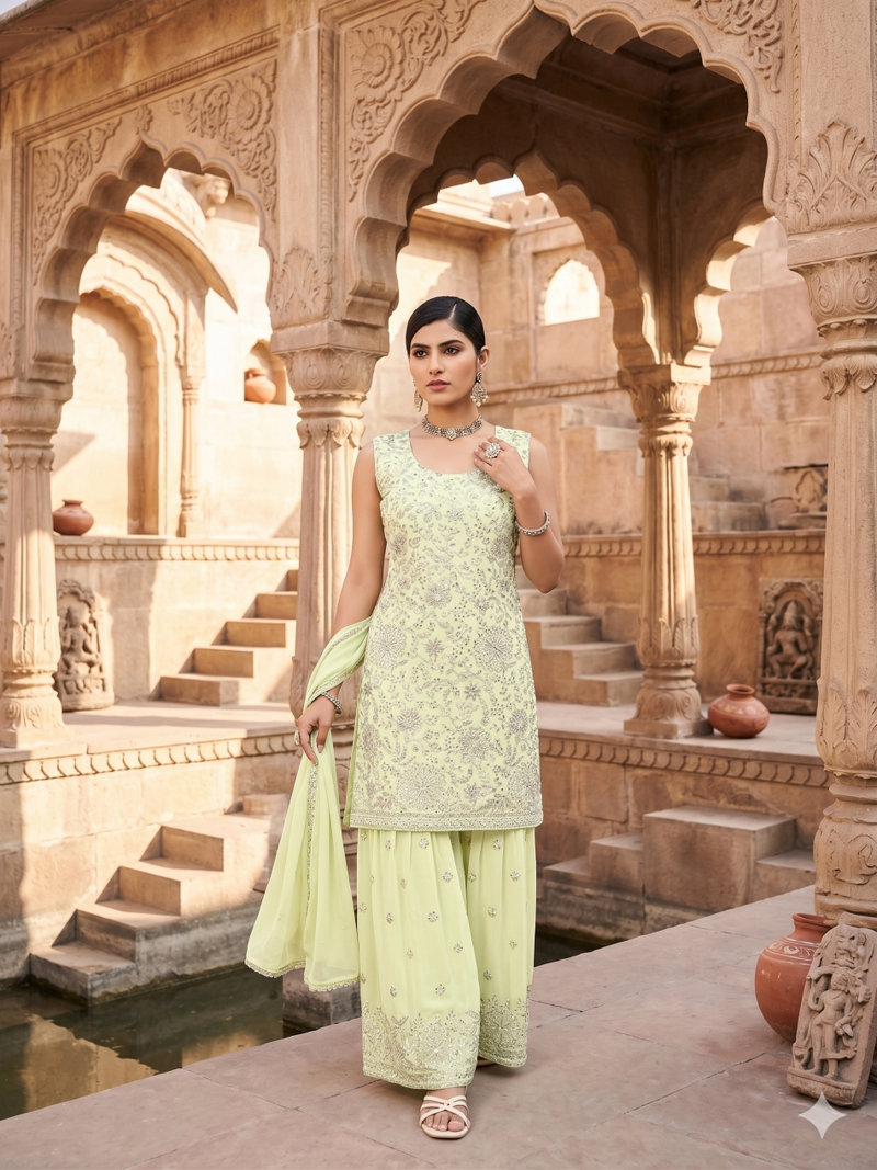 Womens  new designer georgette embroidered sharara set with sequence work and lace border dupatta