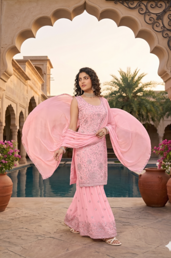 Womens  new designer georgette embroidered sharara set with sequence work and lace border dupatta