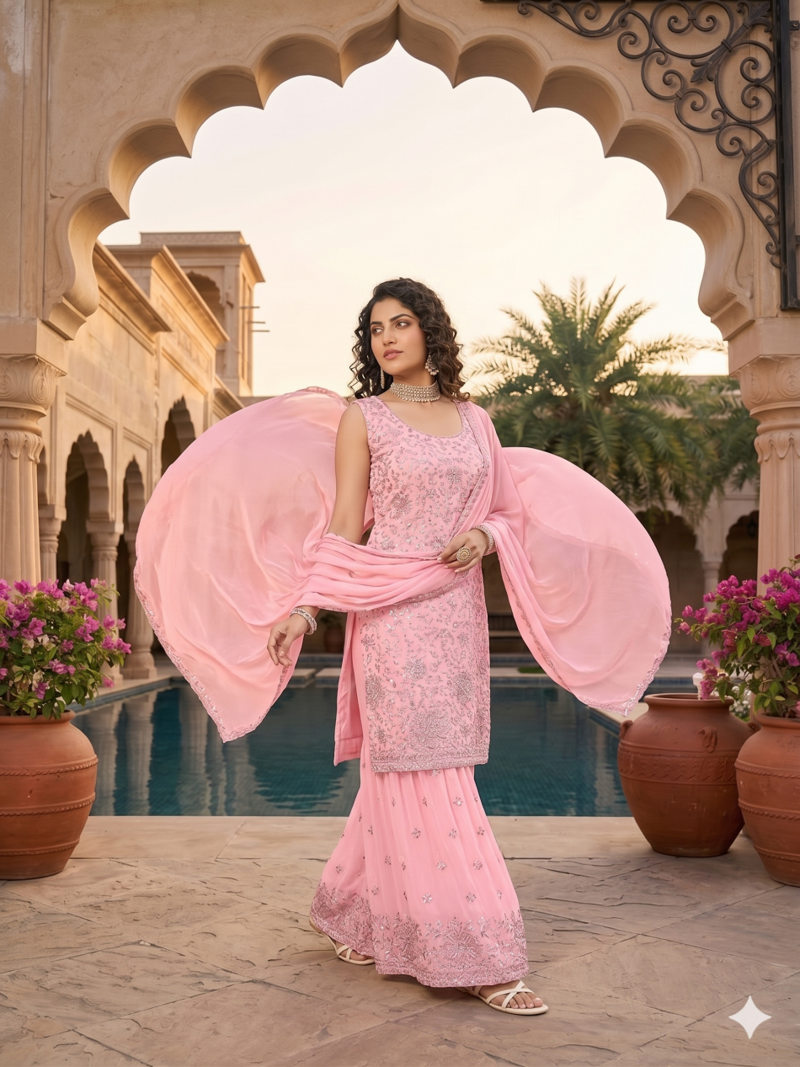 Womens  new designer georgette embroidered sharara set with sequence work and lace border dupatta