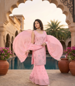 Womens  new designer georgette embroidered sharara set with sequence work and lace border dupatta
