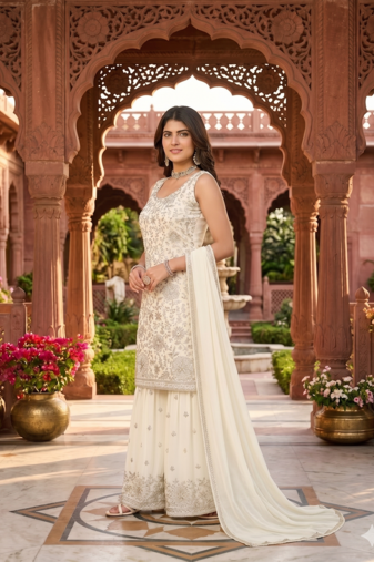 Womens  new designer georgette embroidered sharara set with sequence work and lace border dupatta