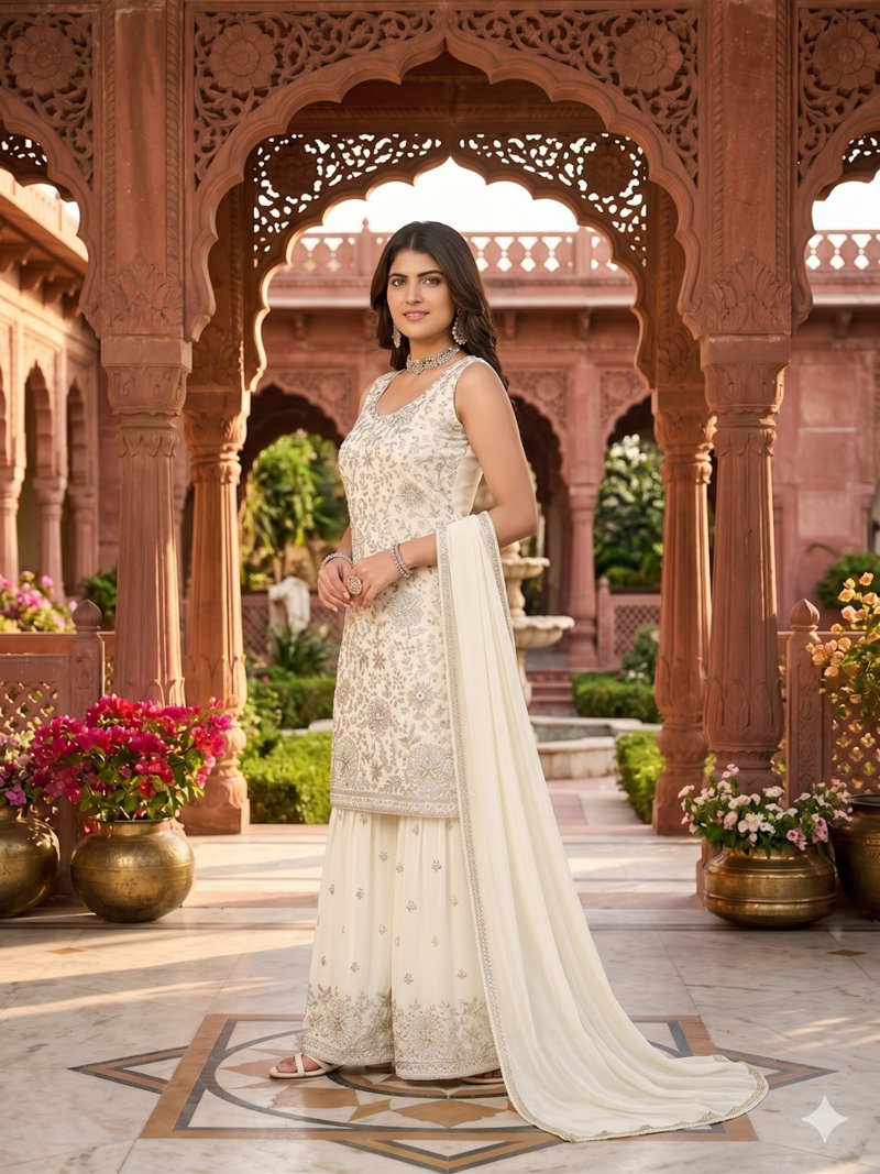 Womens  new designer georgette embroidered sharara set with sequence work and lace border dupatta