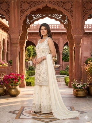 Womens new  georgette embroidered sharara set with sequence work and lace border dupatta 1