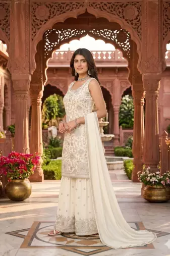 Womens new designer georgette embroidered sharara set with sequence work and lace border dupatta