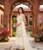 Womens  new designer georgette embroidered sharara set with sequence work and lace border dupatta