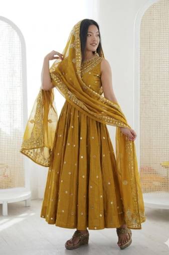 yellow silk blend embroidered gown set