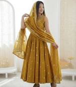 yellow silk blend embroidered gown set