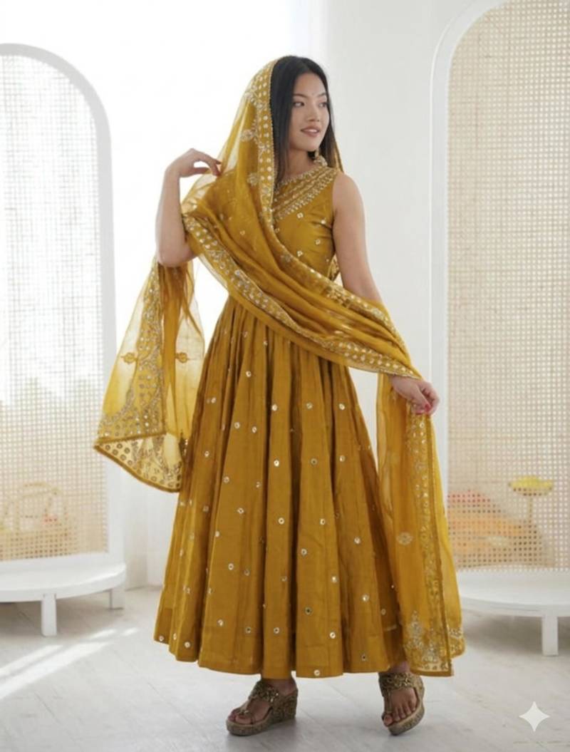 yellow silk blend embroidered gown set