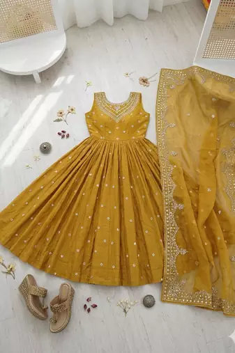 yellow silk blend embroidered gown set