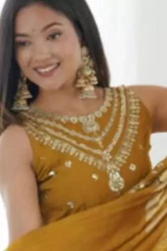 yellow silk blend embroidered gown set