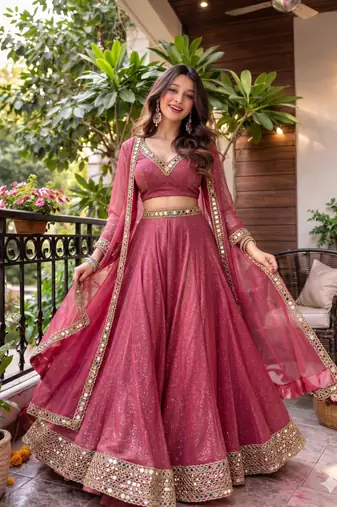 Pink Lace Work Circular Lehenga with V Neck Blouse