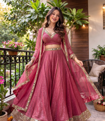 Pink Lace Work Circular Lehenga with V Neck Blouse