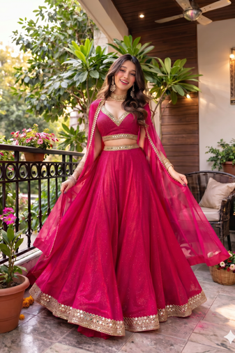 Pink Lace Work Circular Lehenga with V Neck Blouse