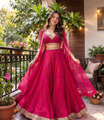 pink lace work wedding lehenga with v neck blouse