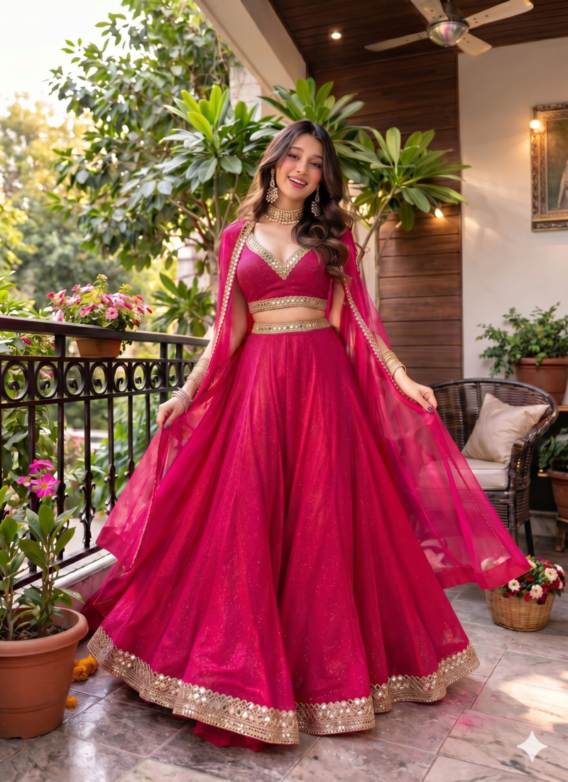 Pink Lace Work Circular Lehenga with V Neck Blouse