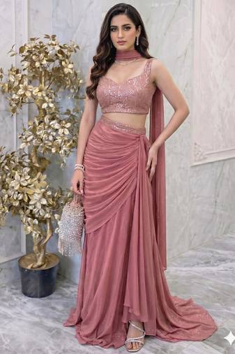 Pink Straight Cut Lehenga with Sequin work Sweetheart Neck Blouse