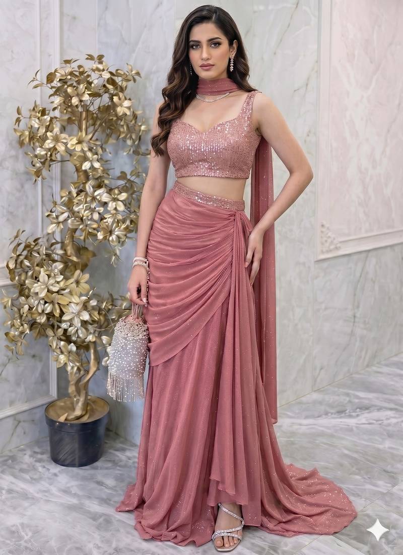 Pink Straight Cut Lehenga with Sequin work Sweetheart Neck Blouse