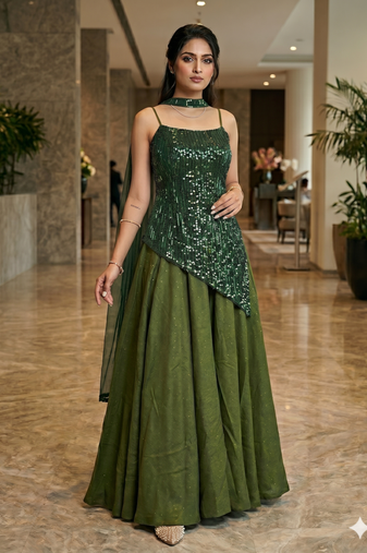 green sequin work top and partywear lehenga with squareneck blouse