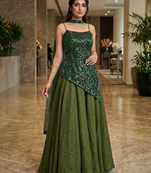green sequin work top and partywear lehenga with squareneck blouse