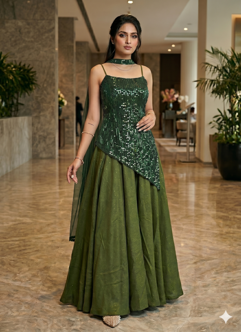 Green Sequin Work Top and A Line Lehenga with SquareNeck Blouse