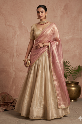 beige wedding lehenga with sweetheart neck blouse